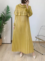 Pleated Modest Metallic Long Sleeve Midi Dress