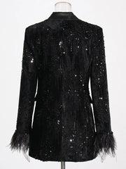 Women's Black Sequin Feather Boyfriend Blazer