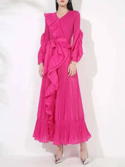 Ruffle Pleated V-Neck Dress