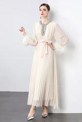 Luxe Pleated Crystal & Feather Dress
