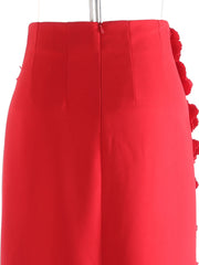 Red Floral Appliqué Midi Skirt