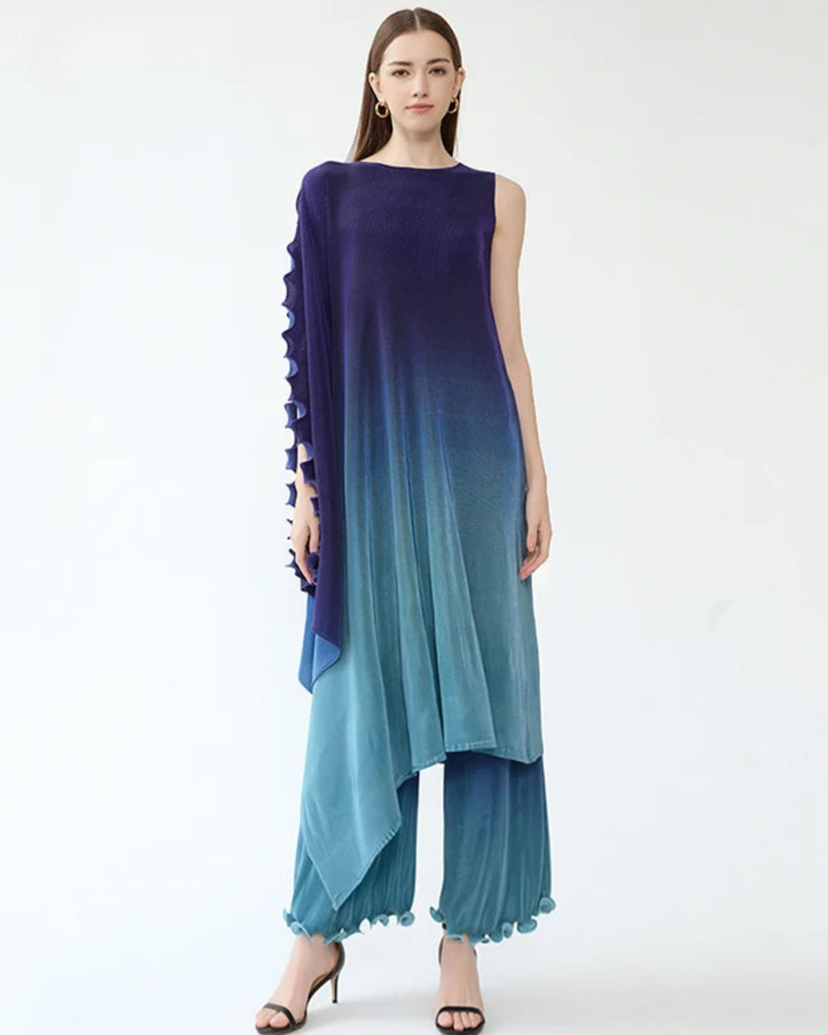 Ombre Plissé Cape & Trousers Set