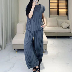 Pleated Vertical Wide Leg Set