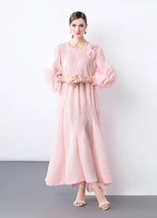 Floral Bell Sleeve Pleated Dress