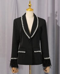 Luxury Feather Crystal Collar Blazer