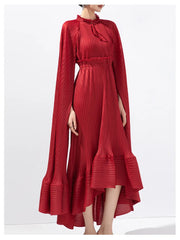 Women's Pleated Midi Dress with Elegant Cape