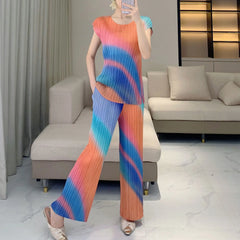 Casual Plissé Pants & Blouse Set