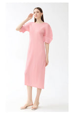 Elegant Puff Sleeve Japanese Pleated Midi Dress