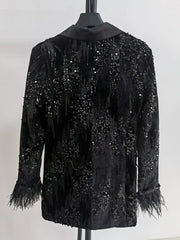 Women's Luxe Black Sequin Feather Sleeve Blazer