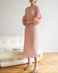 Luxury Puff Sleeve Pleats Dress