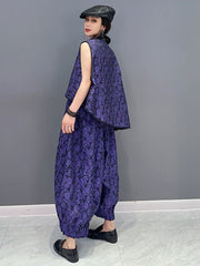 Purple Floral Vest & Elastic Waist Balloon Pants 2-Piece Set