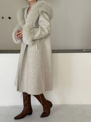 Luxury Wool-Blend Faux Fur Hooded Coat