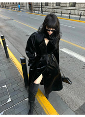 Women's Elegant Black Oversized Faux Leather Coat