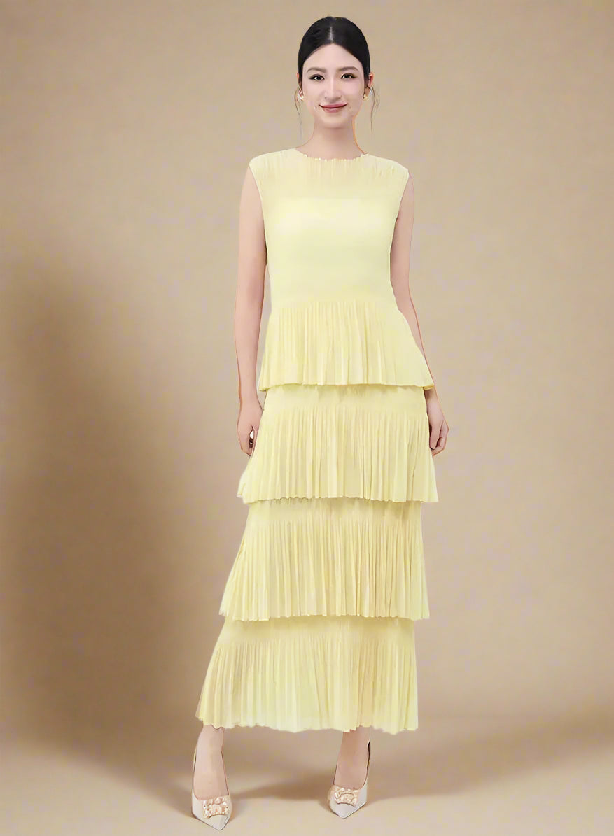 Unique Tiered Pleated Sleeveless Dress