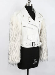 Women's Cropped Motorcycle Faux Leather & Faux Fur Jacket