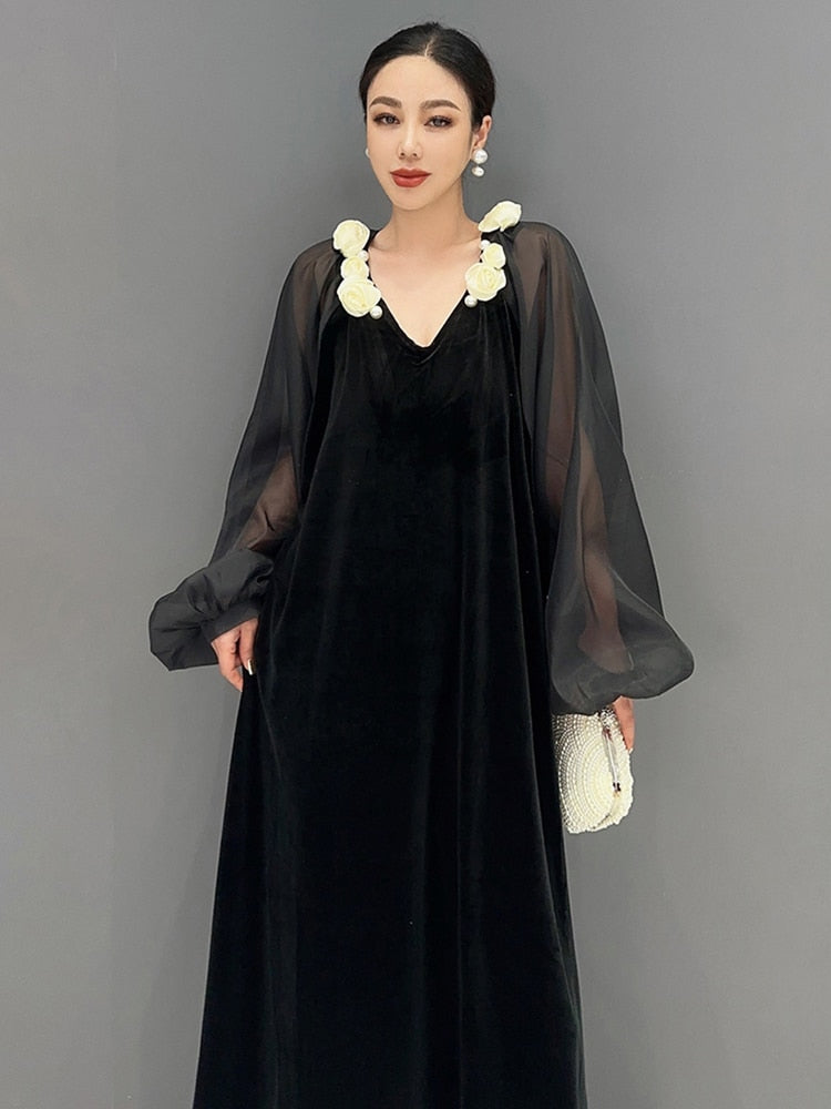 Eternal Elegance Black Velvet Floral V-Neck Mesh Dress