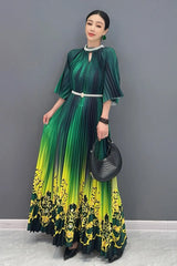 Women's Floral Green & Yellow Ombre Pleated Midi Dress