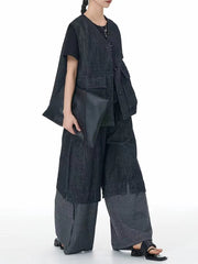 Cotton Denim Wide-Leg Pants with Elastic Waistband