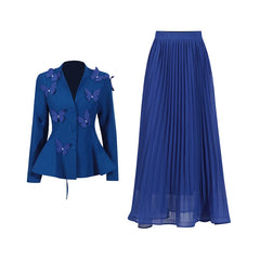 Designer Butterfly Blazer & Pleated Midi Skirt