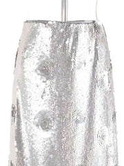 Luxury Silver Sequin Midi Skirt