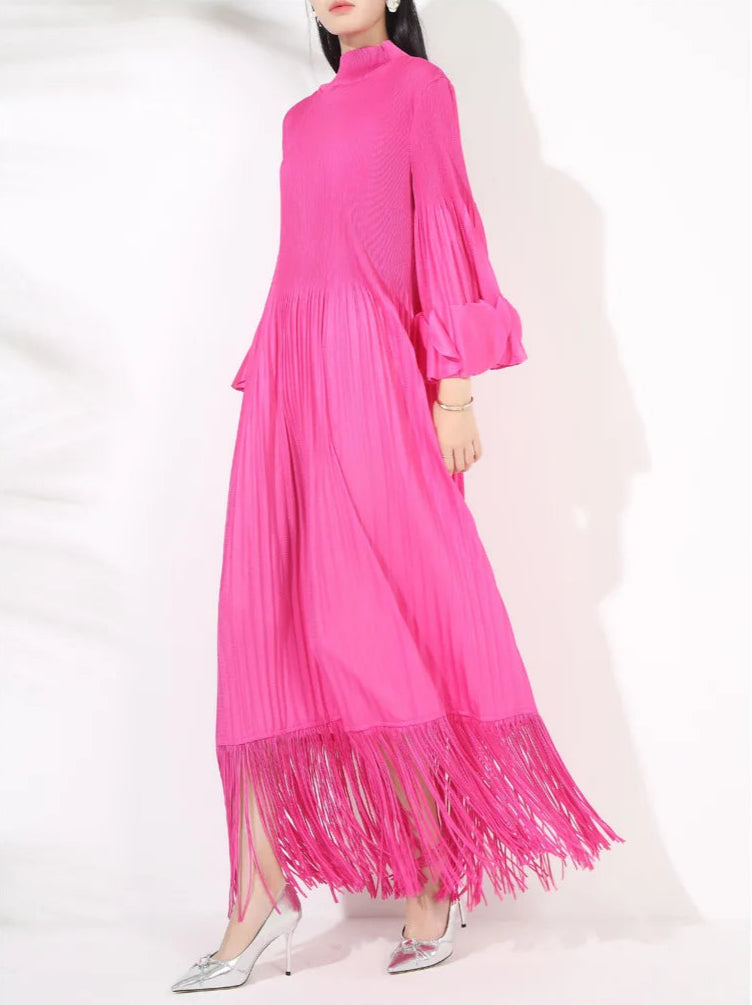 Plissé Pleated Tassel Long Sleeve Midi Dress