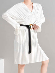 HEYFANCYSTYLE White Oversized Pleated V-Neck Dress