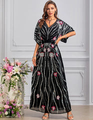 Sequin Floral Batwing Midi Dress Luxe