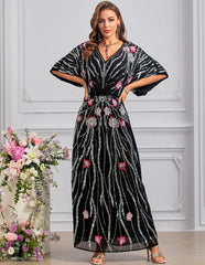 Sequin Floral Batwing Midi Dress Luxe