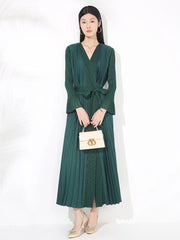 Luxury Pleats Wrap Dress with Sleeves