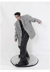 Men's Gray Oversized Textured Wool Blend Blazer