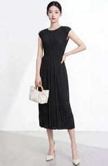Crinkle Waist-Defined Pleated Dress