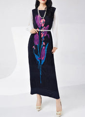 Floral Plissé Long Sleeve Dress