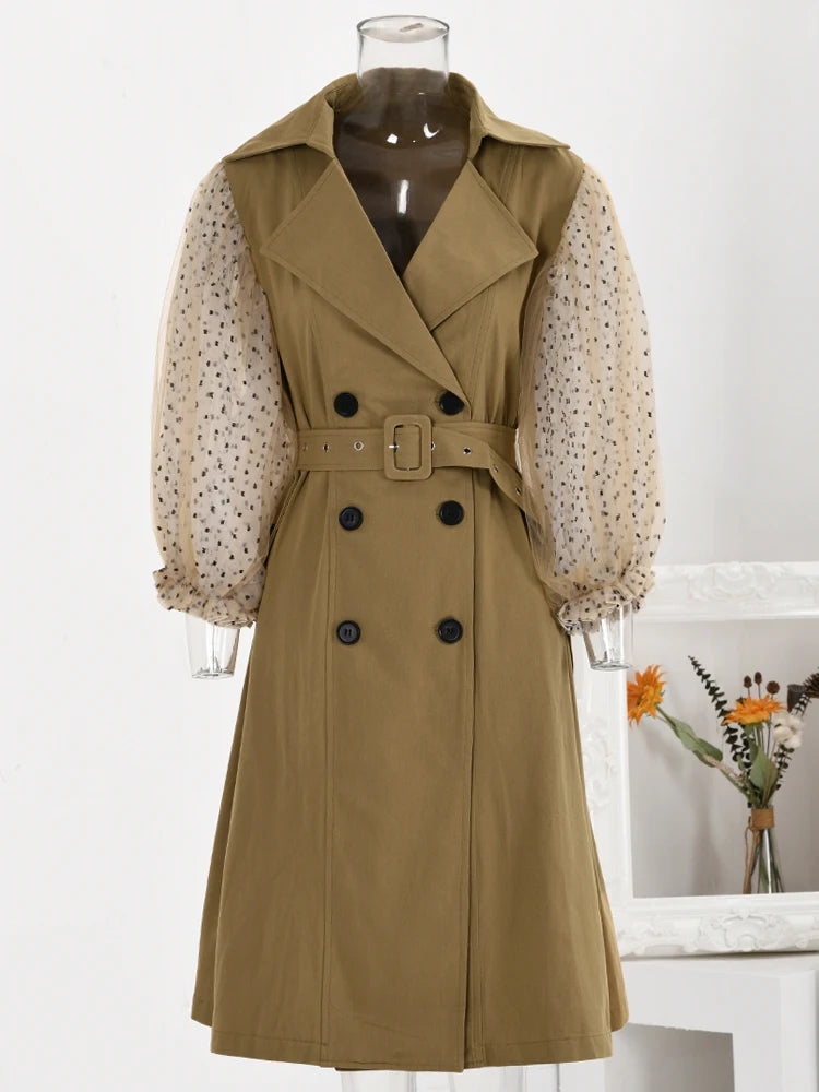 Luxe Belted Trench Coat with Tulle Sleeves