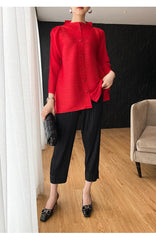 Luxury Red Pleated Asymmetrical Plissé Cardigan