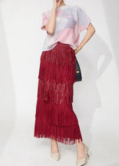 Luxury Plissé Tiered Fringe Skirt