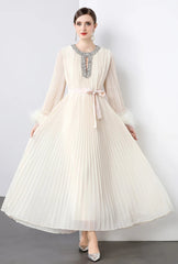 Luxe Pleated Crystal & Feather Dress