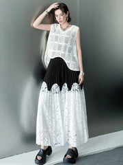 Two-Tone Pleated Lace Skirt