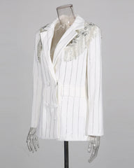 Rhinestone Pinstripe Fringe Blazer
