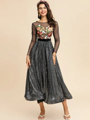 Floral Embroidery Sheer Sleeve Sequin Dress