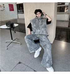 Men's Gray Trendy Baggy Hoodie Vest 2-Piece Set