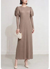 Puff Sleeve Plissé Midi Dress