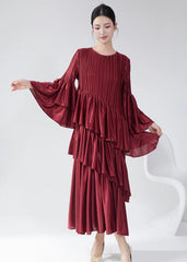 Couture Plissé Pleated Ruffle Sleeve Midi Dress