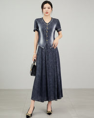 Luxury Denim Plissé Skirt Set