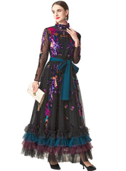 Luxury Sequined Sheer-Sleeve Dress
