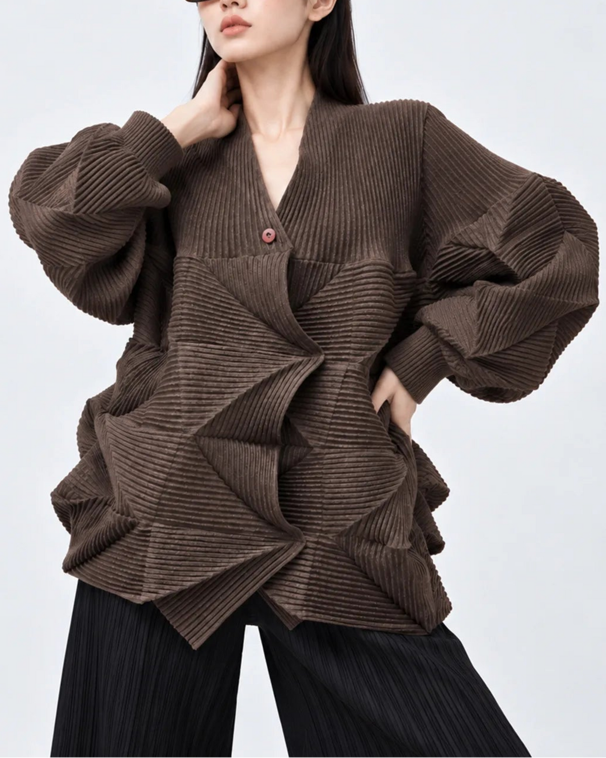 Geometric Pleated Button Cardigan