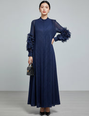 Plissé Long Sleeve Kaftan Dress