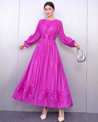 Floral Plissé Long Sleeve Dress