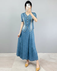 Luxury Denim Plissé Skirt Set