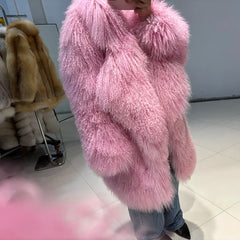 Luxurious Pink Mongolian Curly Shearling Coat