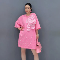 HEYFANCYSTYLE Korean Style Oversized 3D Flower Beaded T-Shirt